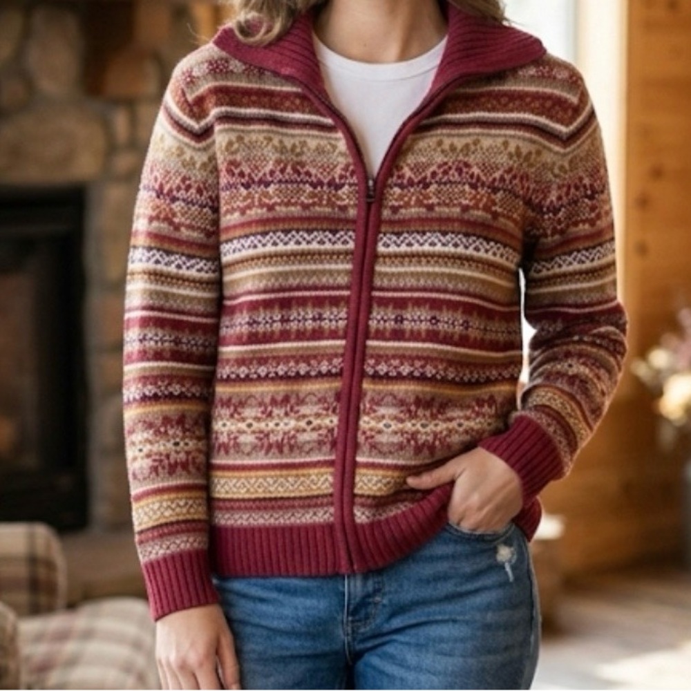 Vintage Casual Corner Annex Fair Isle Full Zip Sweater Ramie Cotton Burgundy M